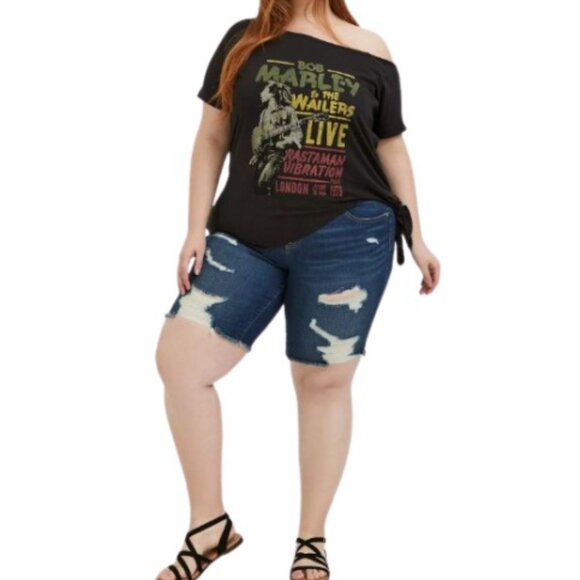 Torrid Zion Rootwear Womens Bob Marley Tie Front Off Shoulder T Shirt Plus 1X - Picture 2 of 5